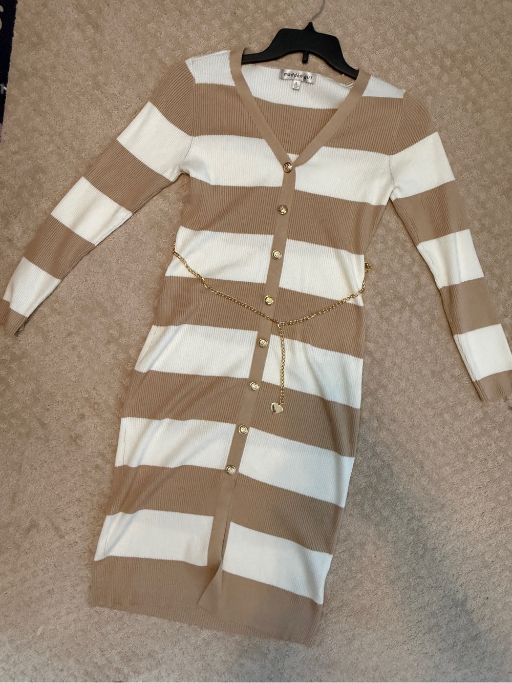 Madden Girl Beige and White Striped Long-Sleeve Button Knit Dress
